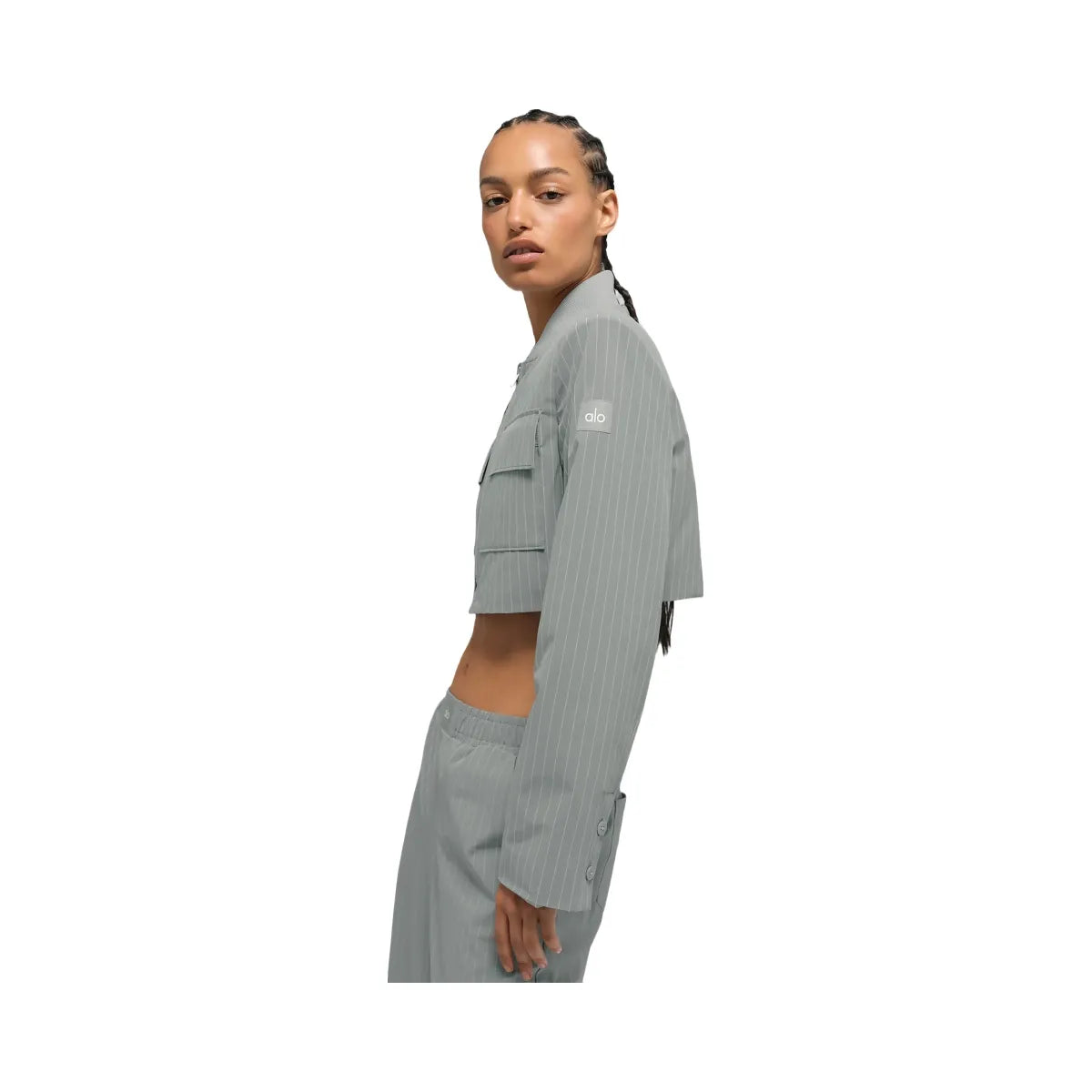 Alo Women's Cropped Pinstripe Main Character Full Zip Jacket - Lunar Grey/White