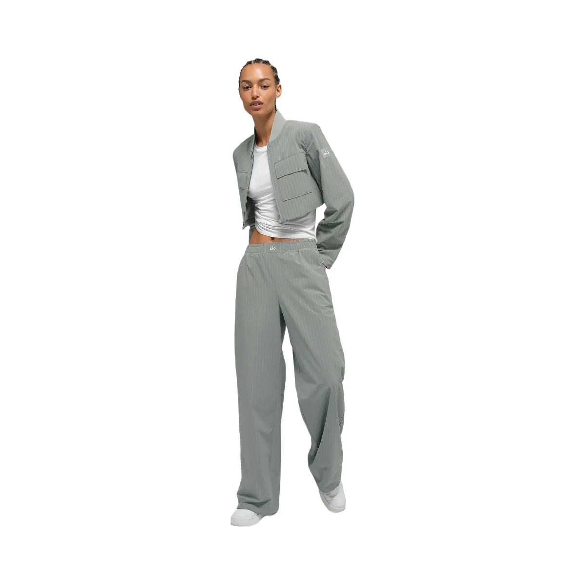 Alo Women's Cropped Pinstripe Main Character Full Zip Jacket - Lunar Grey/White