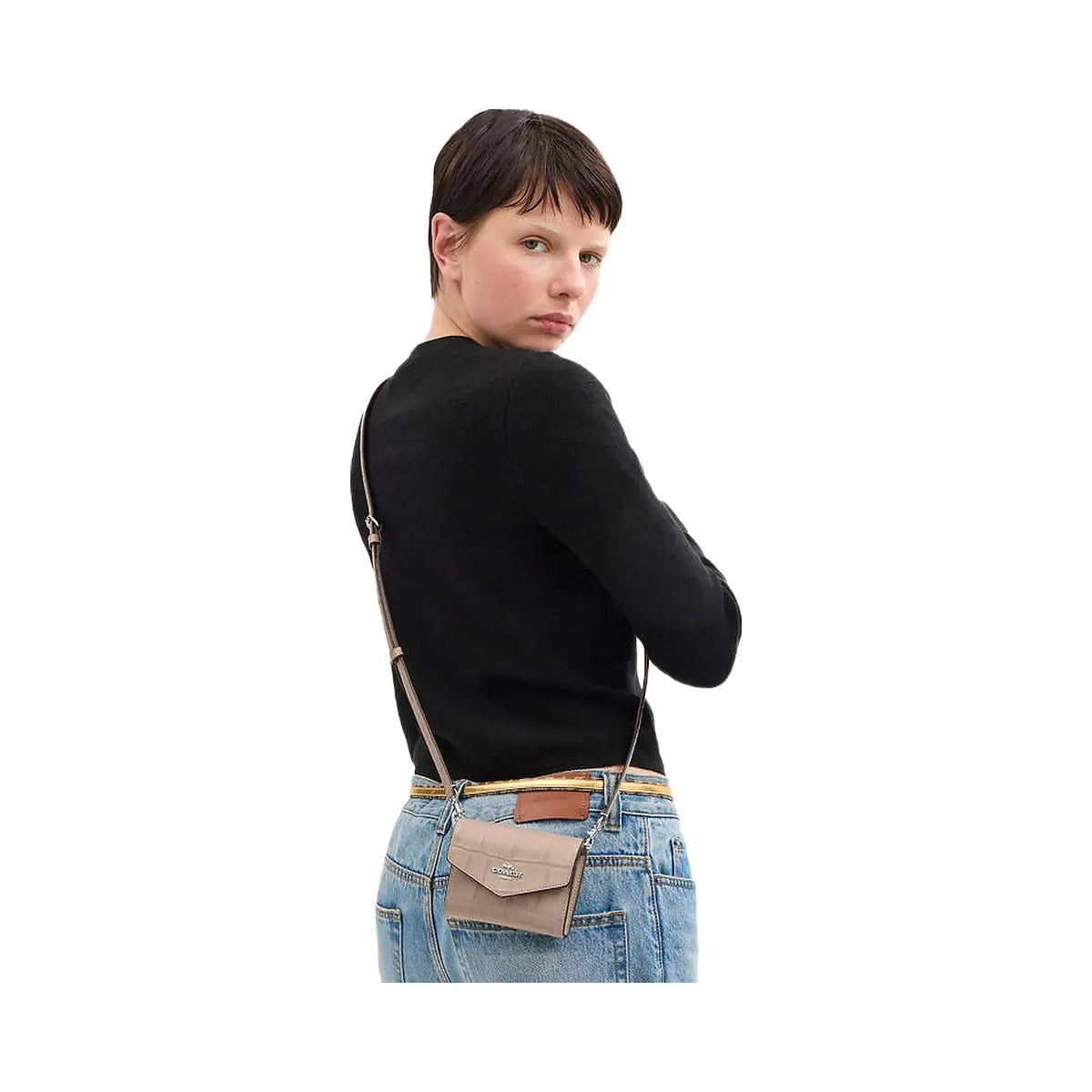 Coach Mini Envelope Wallet With Strap Embossed Crocodile-Silver-Stone