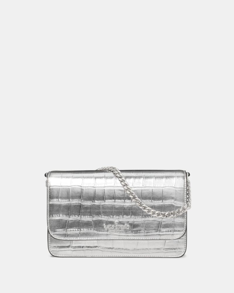 KateSpade Madison Croc Embossed Willow Mini Flap Crossbody Silver