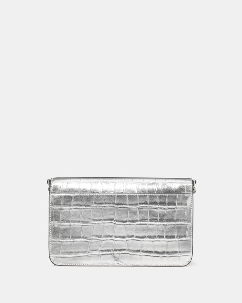 KateSpade Madison Croc Embossed Willow Mini Flap Crossbody Silver
