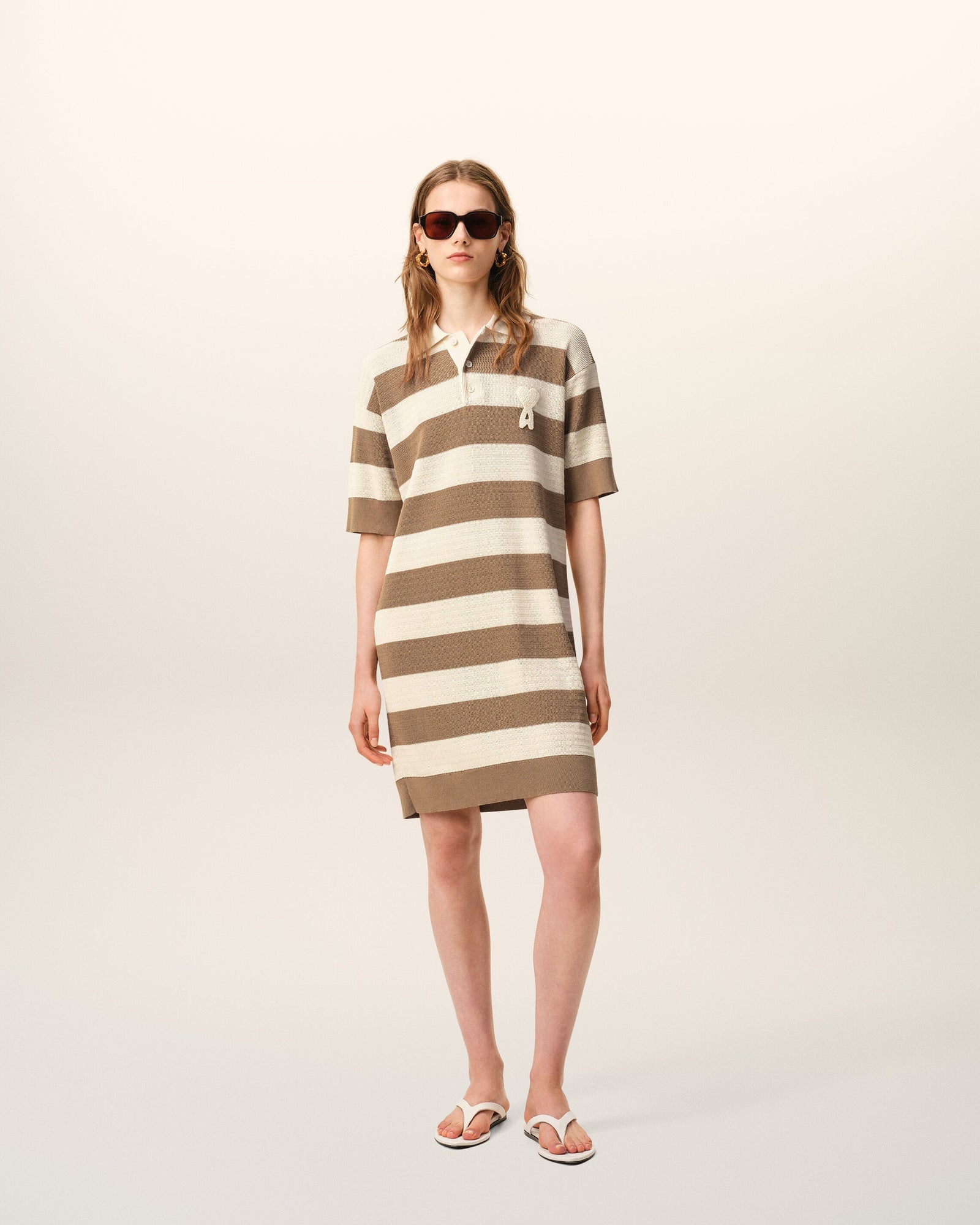 White And Brown Cotton Polo Dress Ami De Coeur Patch Women's
