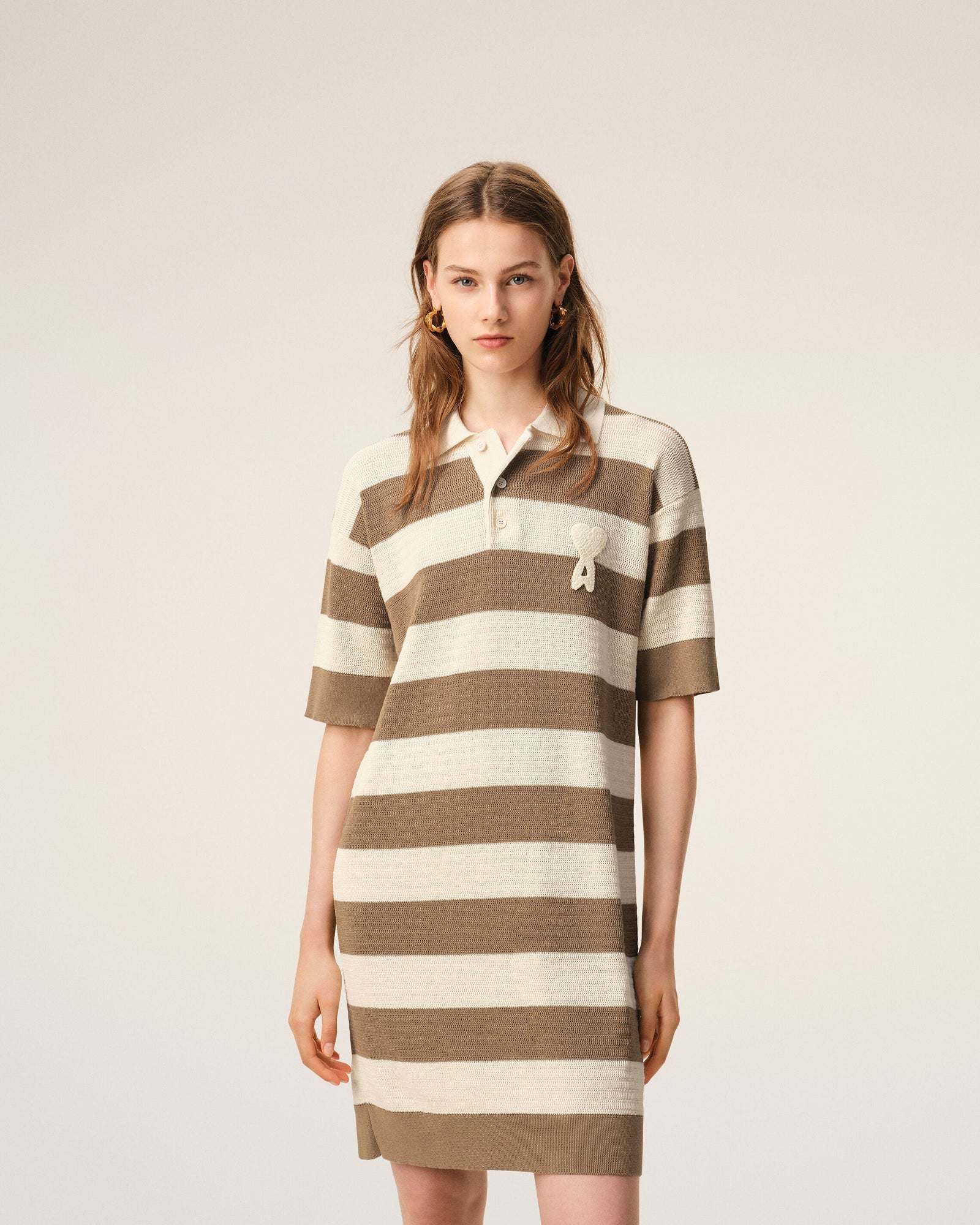 White And Brown Cotton Polo Dress Ami De Coeur Patch Women's