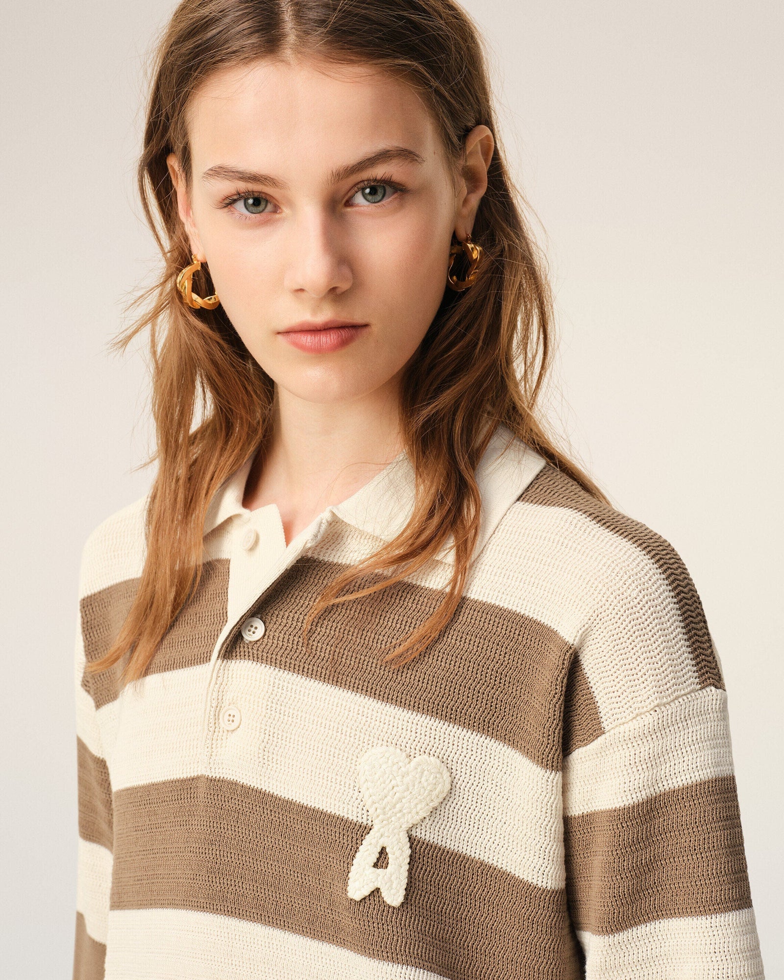 White And Brown Cotton Polo Dress Ami De Coeur Patch Women's