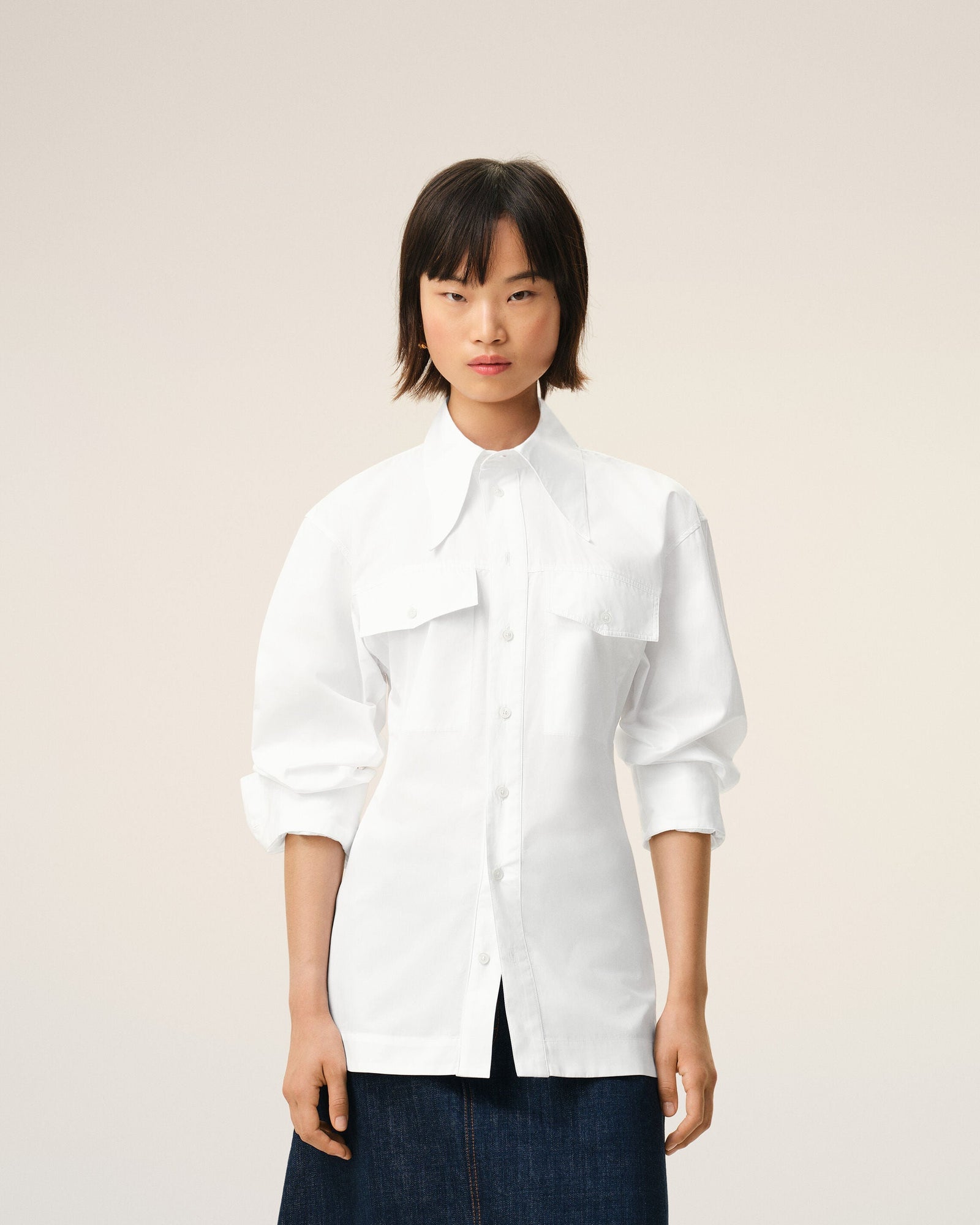 AmiParis White Cotton Sharp Collar Fitted Shirt Women's