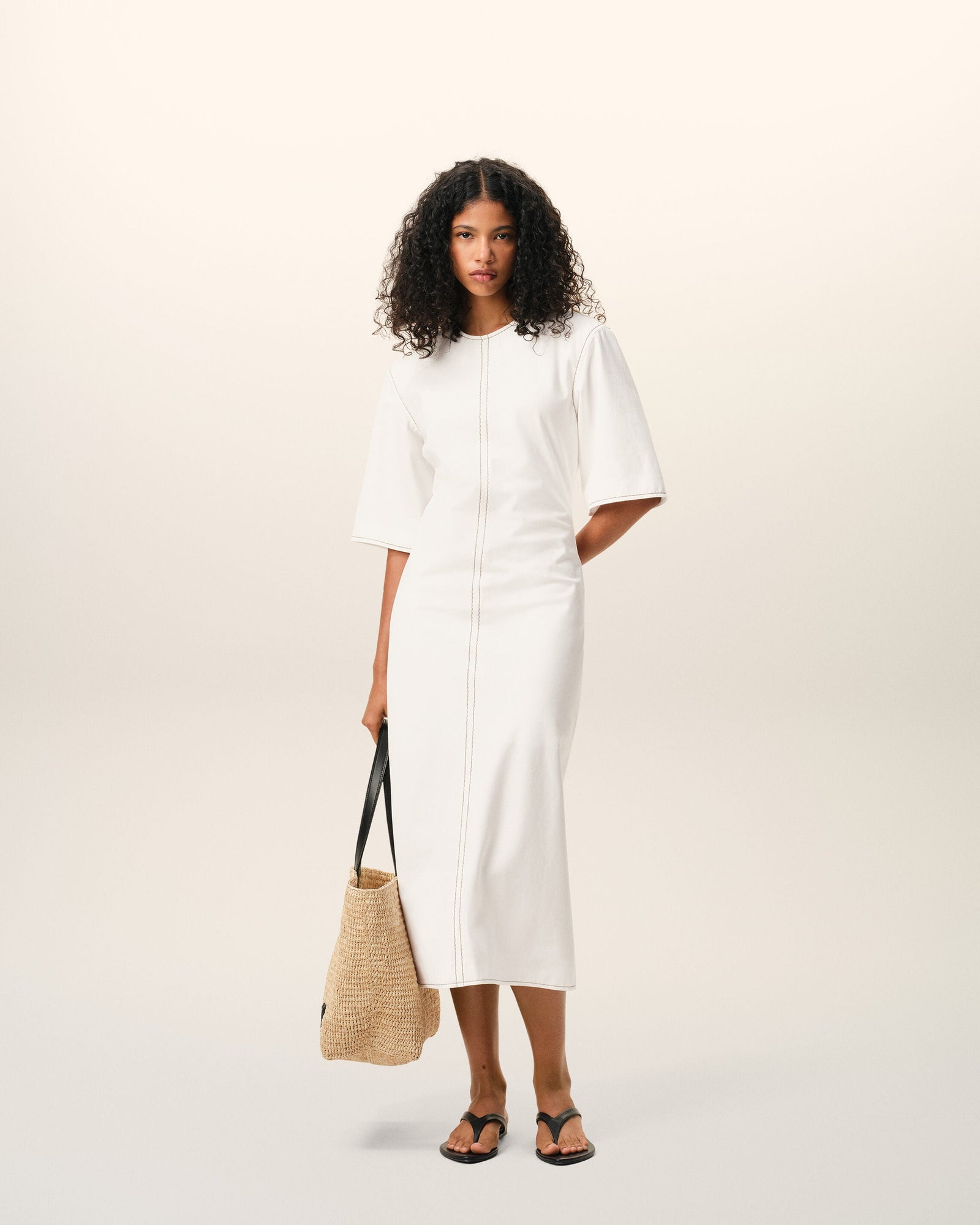 AmiParis White Cotton Long Fitted Dress Women's