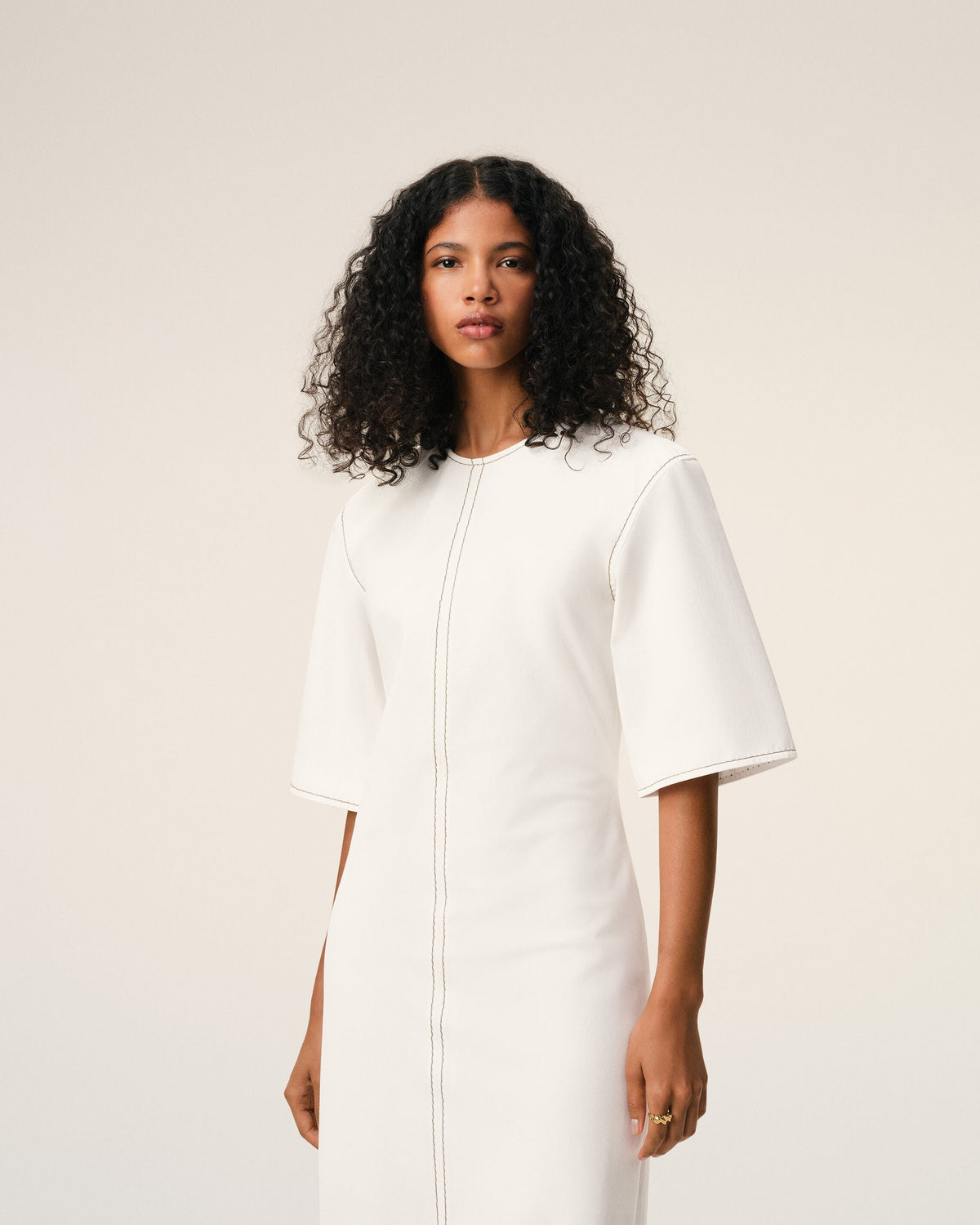 AmiParis White Cotton Long Fitted Dress Women's
