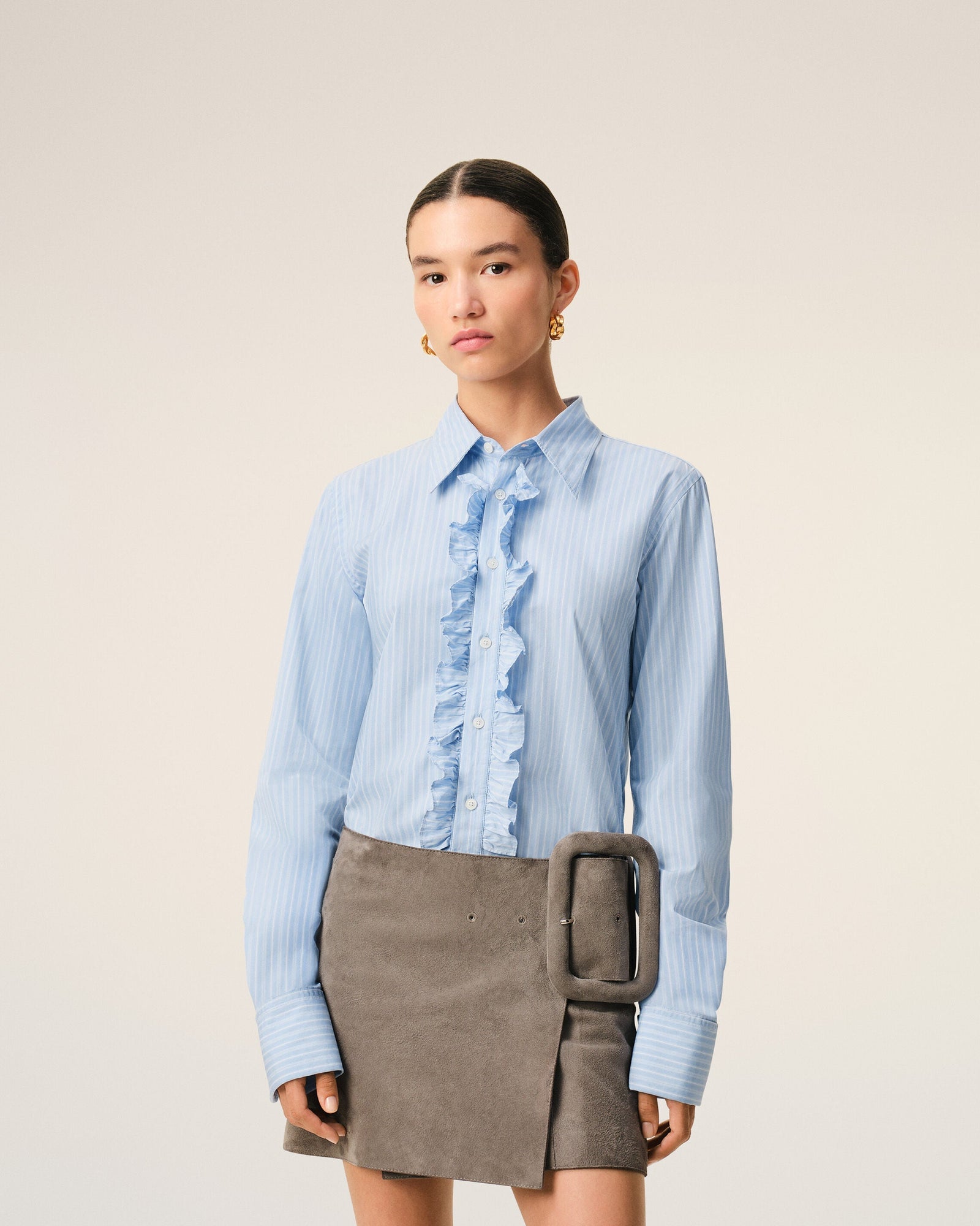 AmiParis Blue Cotton Long Sleeve Ruffled Adjusted Shirt Women's