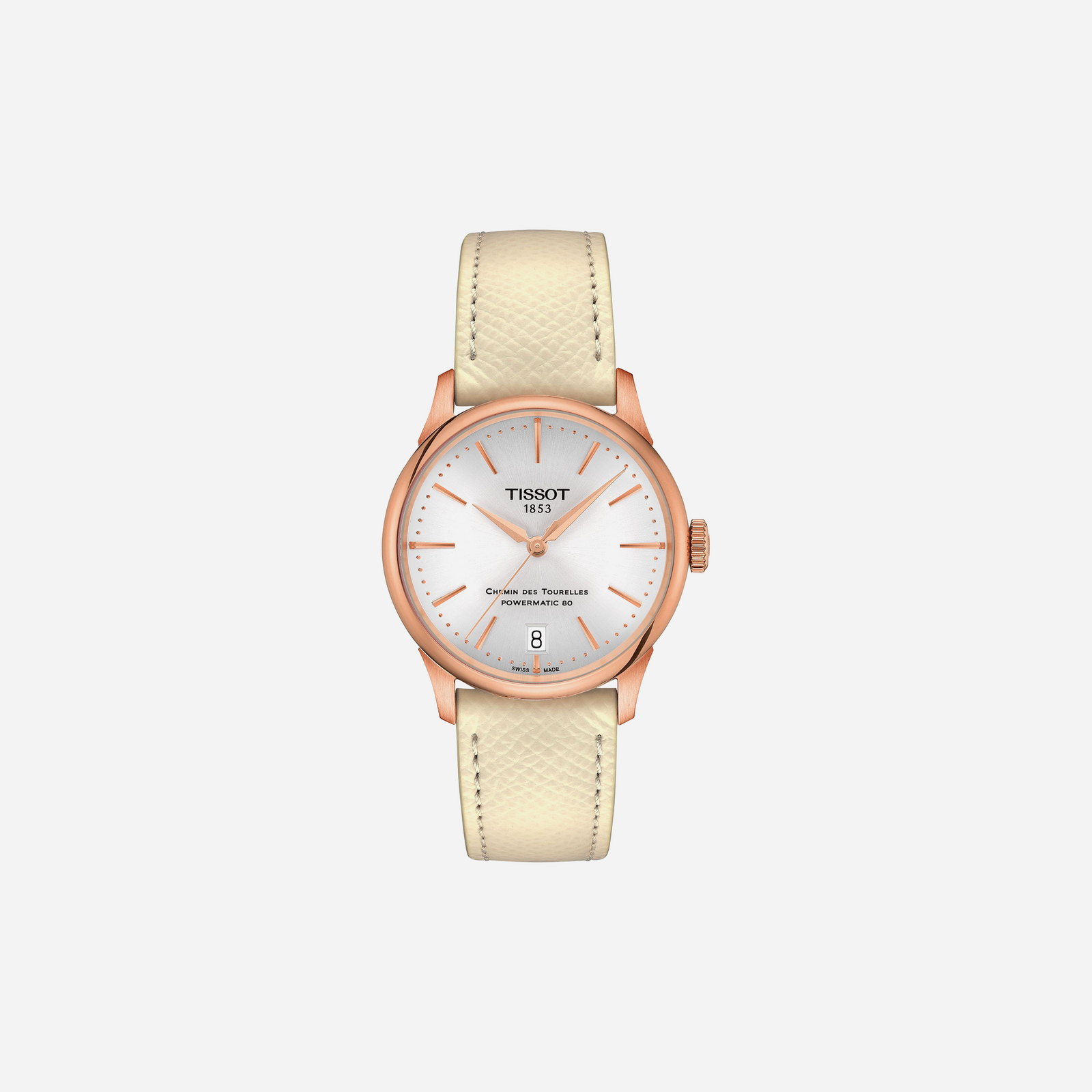 Tissot Chemin Des Tourelles Powermatic 80 34mm Alpha Dial Cream Leather Strap Watch WMNS