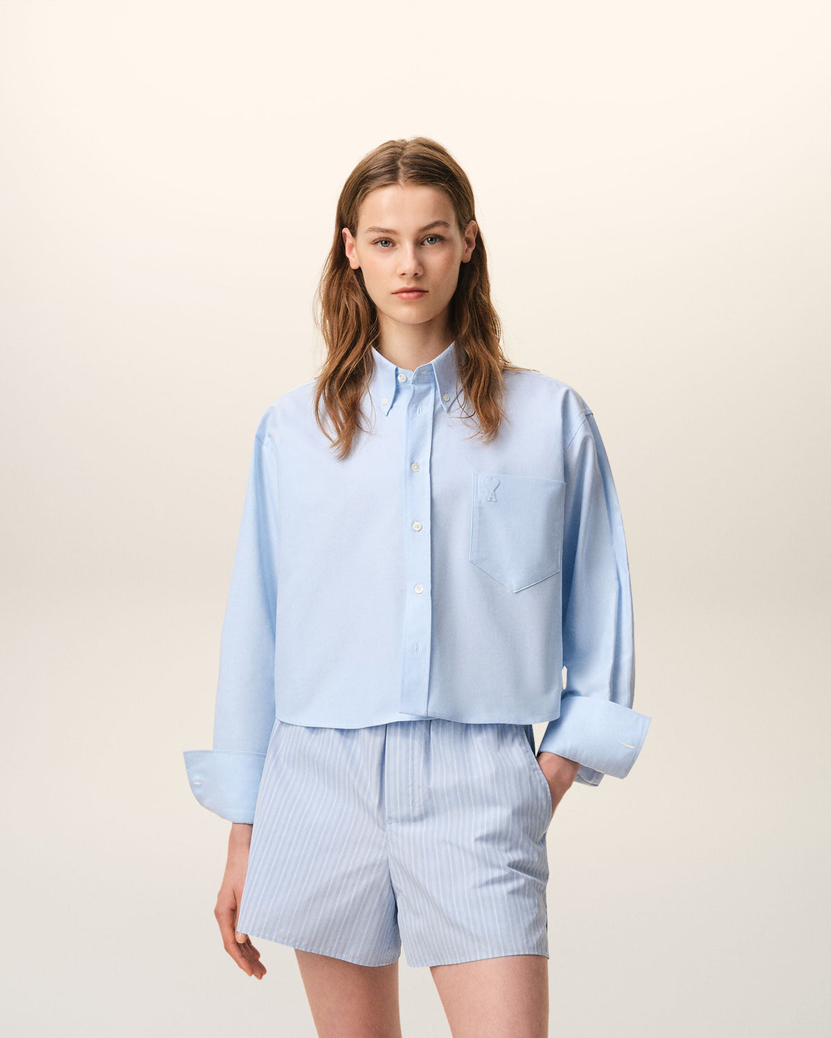 Blue Cotton Cropped Embossed Ami De Coeur Shirt Women's