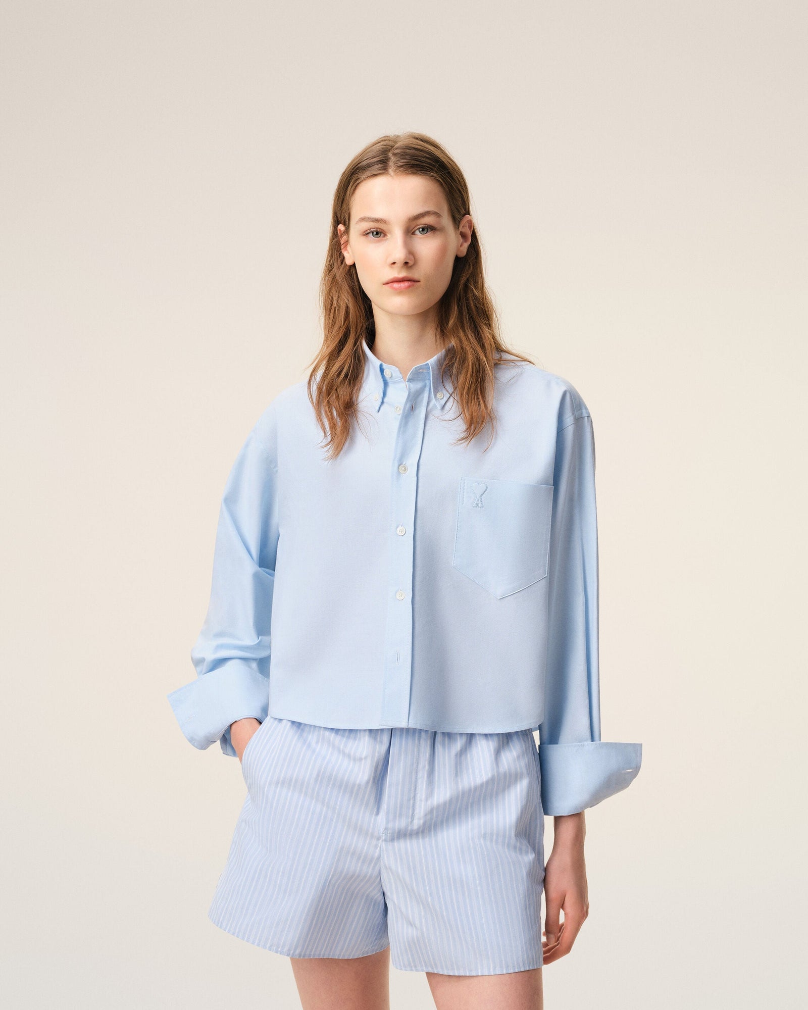 Blue Cotton Cropped Embossed Ami De Coeur Shirt Women's