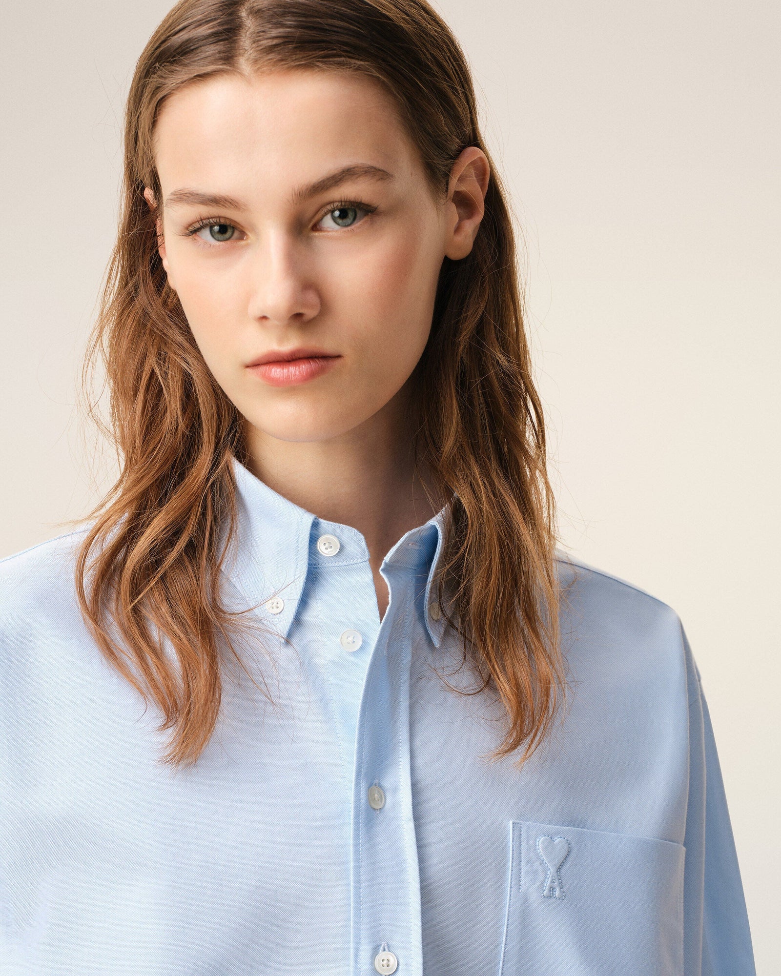 Blue Cotton Cropped Embossed Ami De Coeur Shirt Women's