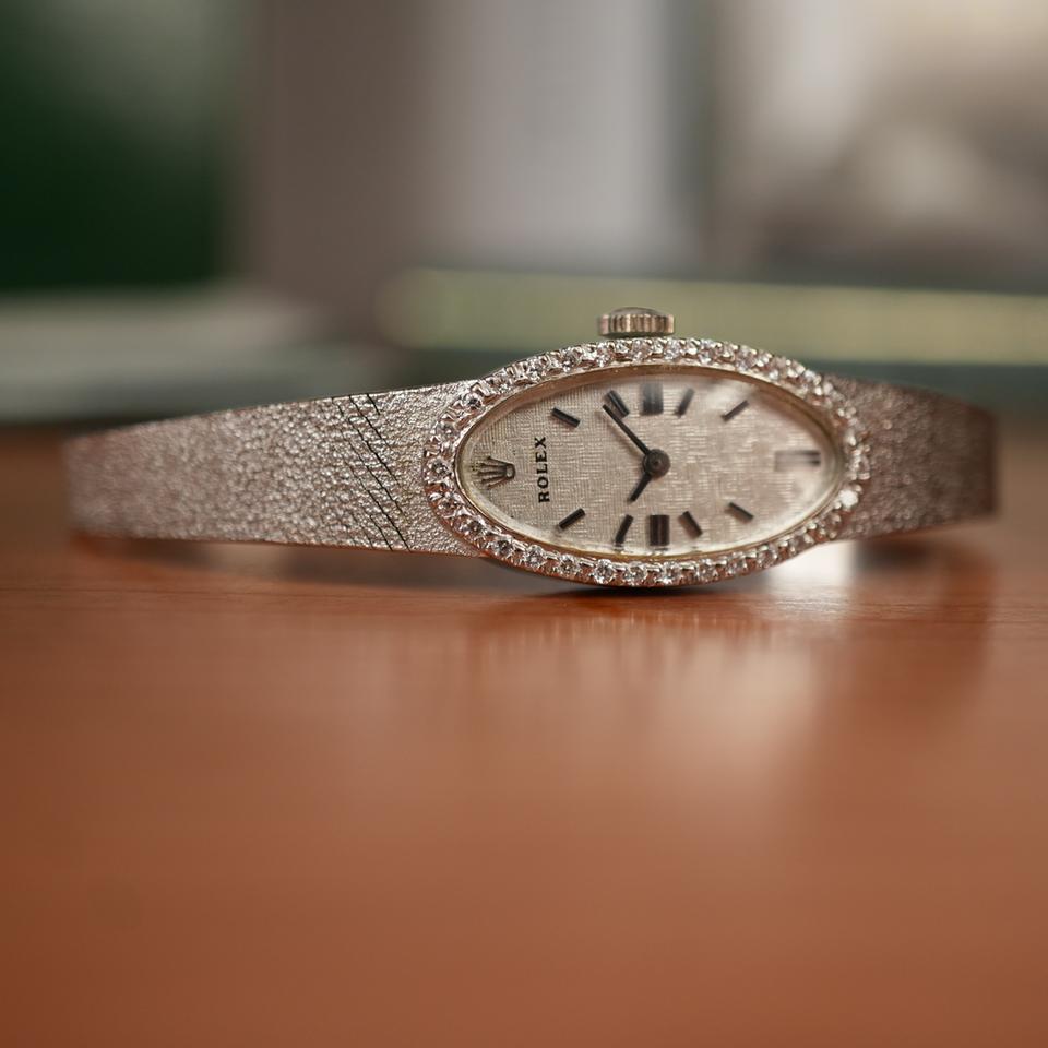 Rolex Unique Rolex Ladies Cocktail Watch Solid 14k White Gold Factory Diamond Oval Dial Mint Condition like new