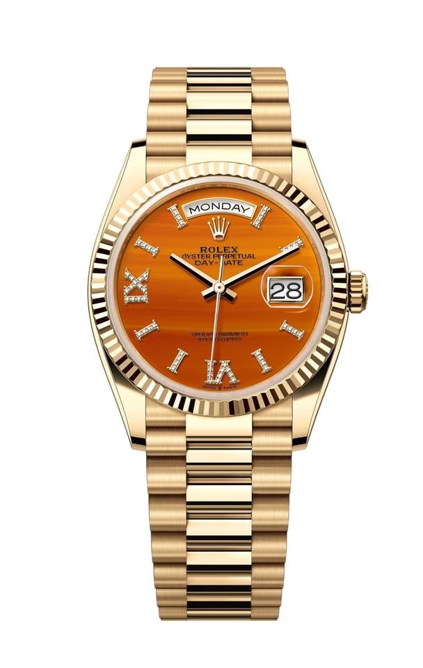 Rolex Day-Date Yellow Gold Carnelian Diamond-Set Roman Dial Womens Watch NEW UNWORN M128238-0088