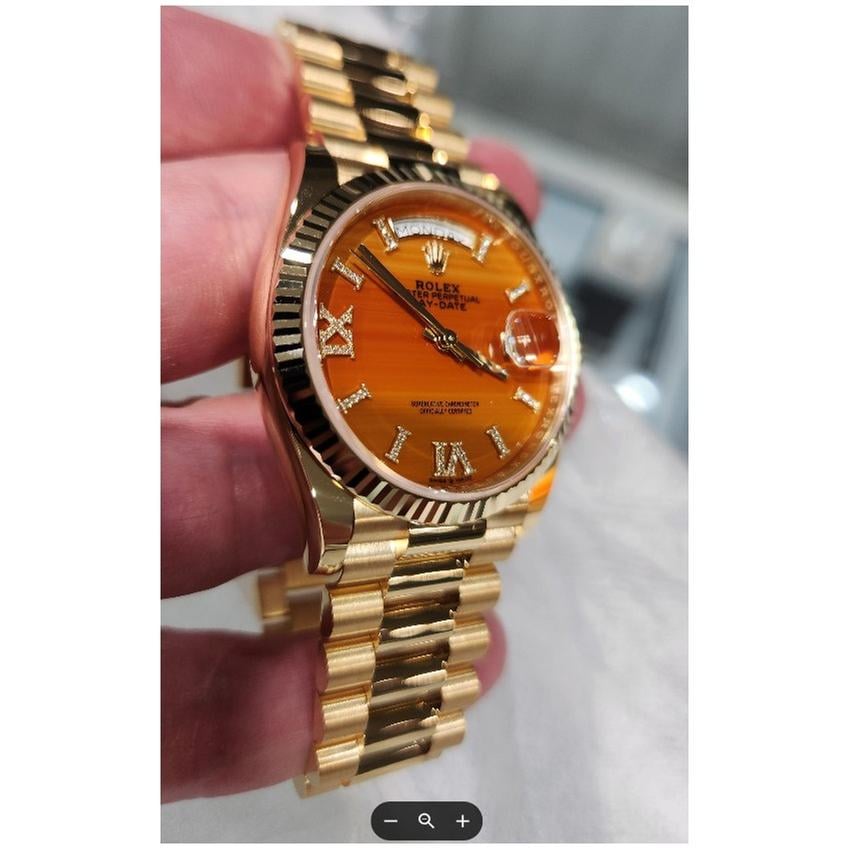 Rolex Day-Date Yellow Gold Carnelian Diamond-Set Roman Dial Womens Watch NEW UNWORN M128238-0088