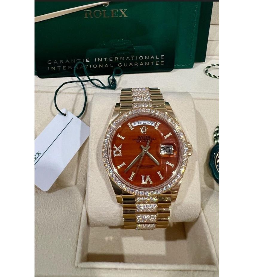 Rolex Day-Date Yellow Gold Carnelian Diamond-Set Roman Dial Womens Watch NEW UNWORN Rare 128348 RBR-0050