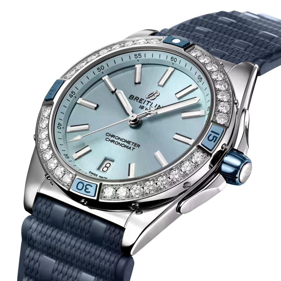 Breitling Chronomat 38 Super Chronomat 38 Diamond Bezel Ice Blue Dial Stainless Steel Women's Watch A17356531 C1 S1 Complete Full Set