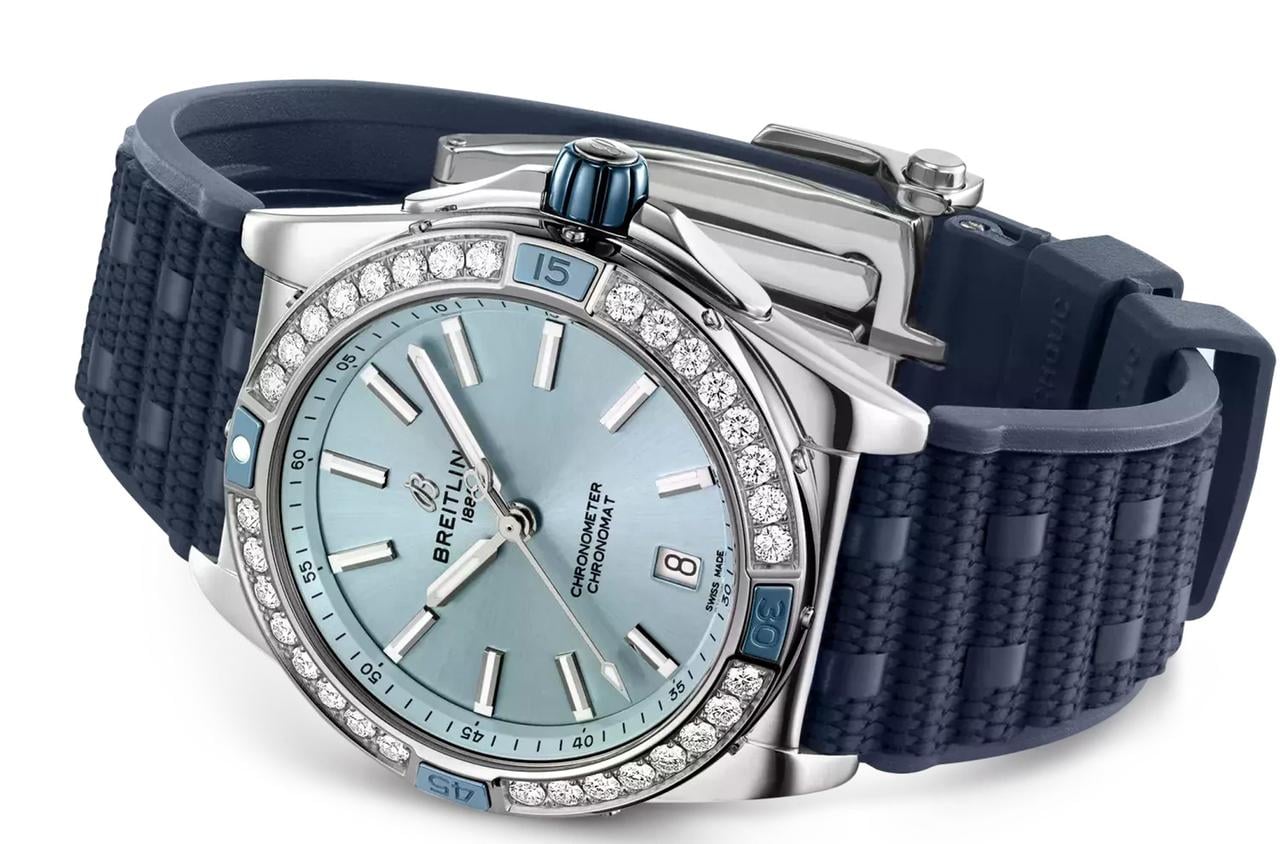 Breitling Chronomat 38 Super Chronomat 38 Diamond Bezel Ice Blue Dial Stainless Steel Women's Watch A17356531 C1 S1 Complete Full Set