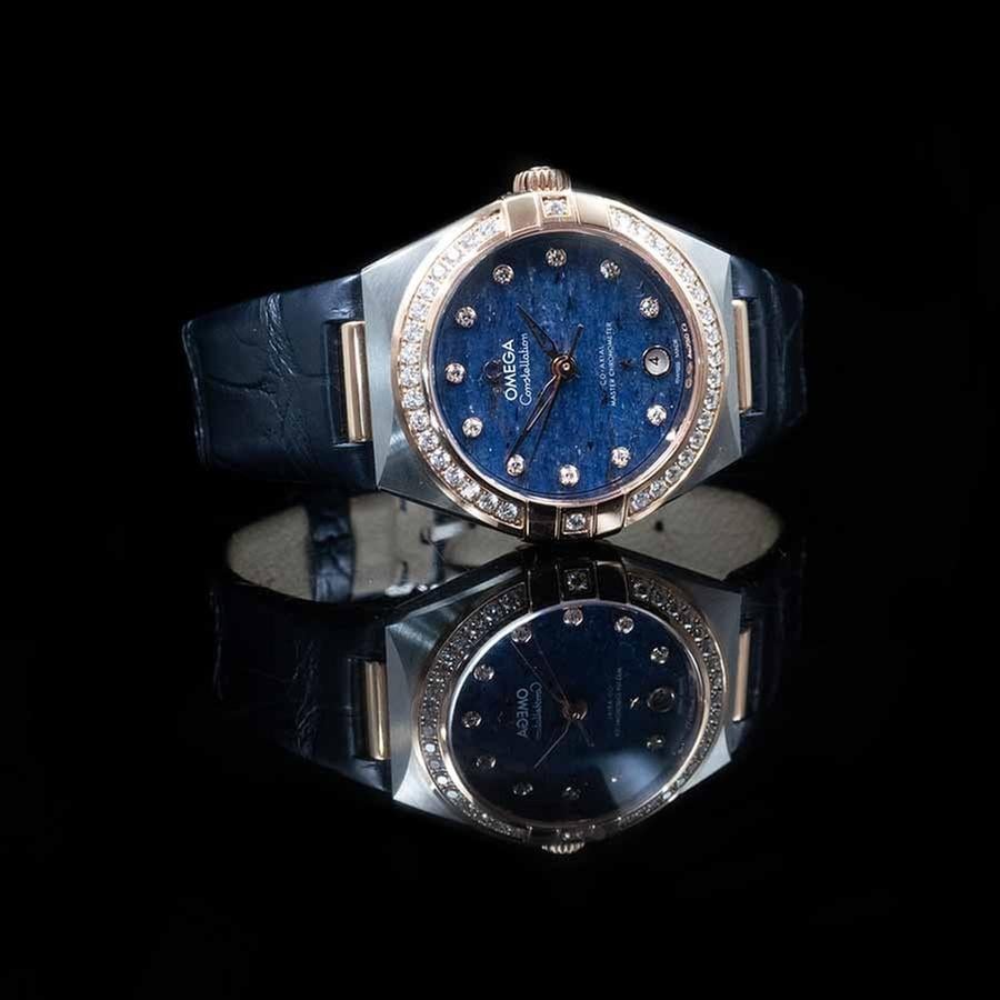 Omega Constellation Ladies Blue Motif 29mm 131.28.29.20.99.003 (2026) - UNWORN Diamond Dial 18ct R/Gold Diamond Bezel S/Steel Blue Leather