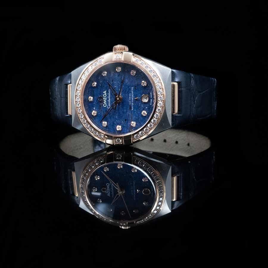 Omega Constellation Ladies Blue Motif 29mm 131.28.29.20.99.003 (2026) - UNWORN Diamond Dial 18ct R/Gold Diamond Bezel S/Steel Blue Leather
