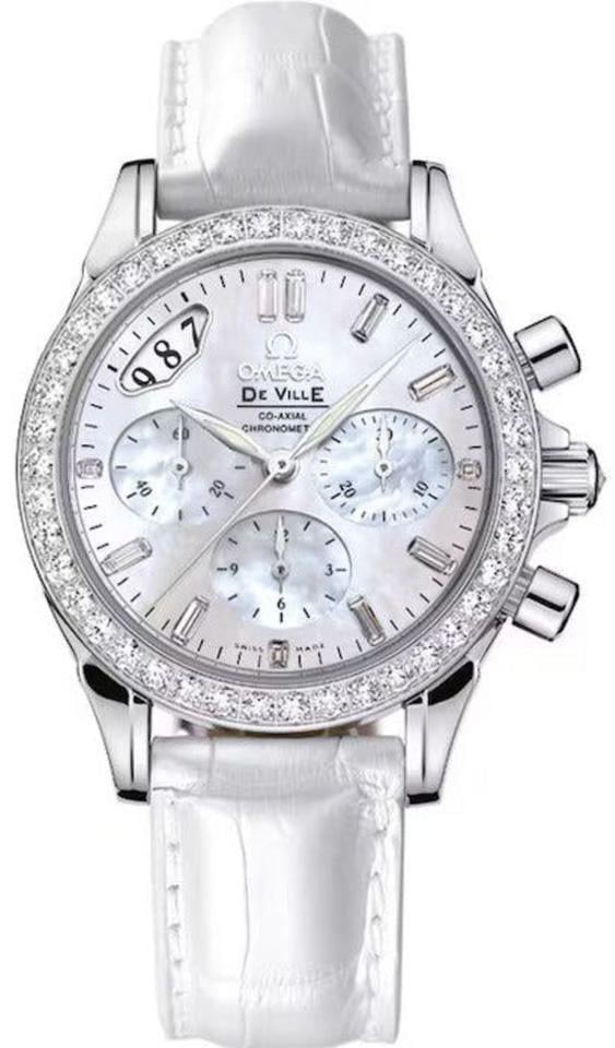 Omega De Ville35mm Diamond 18k White Gold White Mother of Pearl Dial Women's Watch 4679.75.36 Complete Full Set
