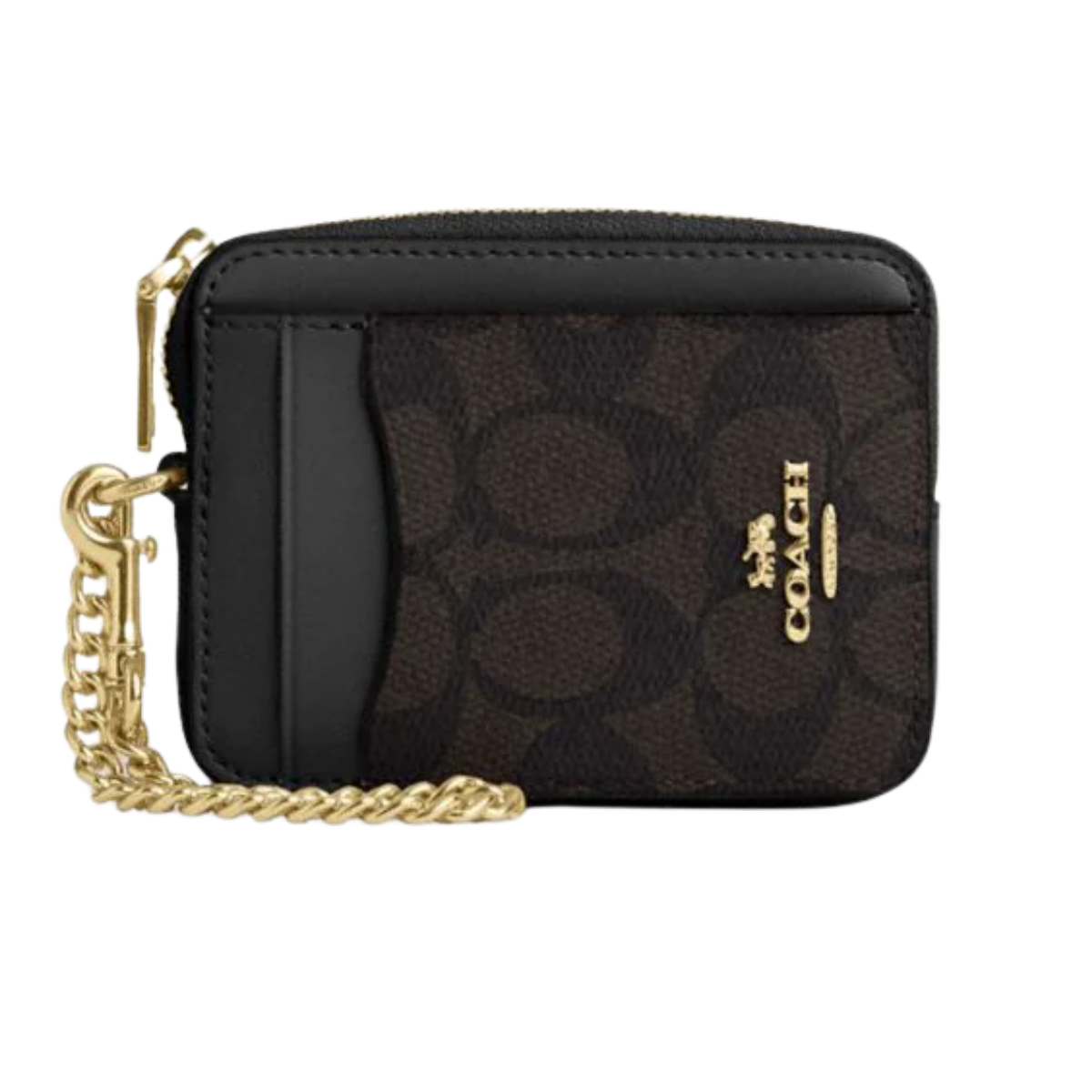 Coach Zip Card Case In Signature Canvas Gold Walnut Black