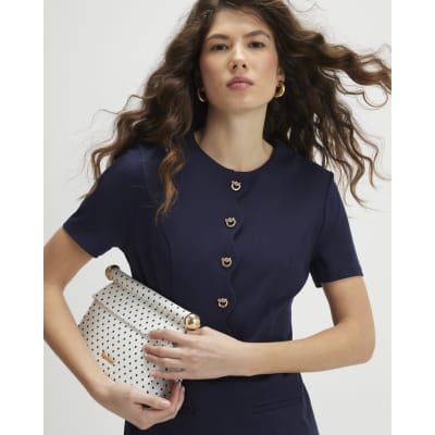 Navy Scallop Trim Ponte Mini Dress