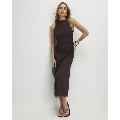 Brown Lace Trim Textured Maxi Dress