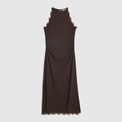 Brown Lace Trim Textured Maxi Dress