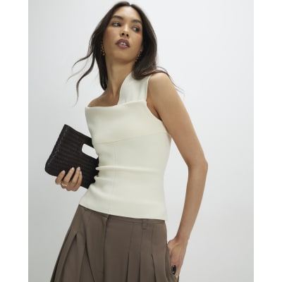 Cream Knitted One Shoulder Bardot Top