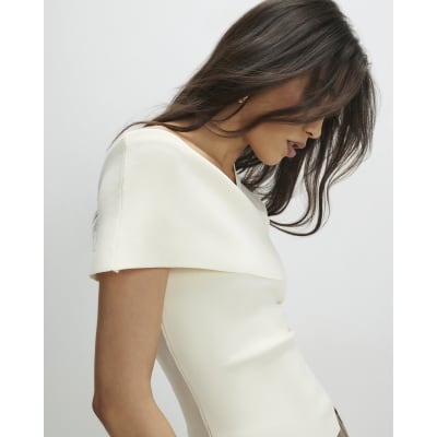 Cream Knitted One Shoulder Bardot Top