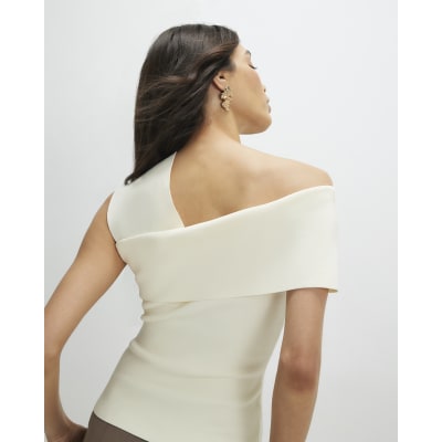 Cream Knitted One Shoulder Bardot Top