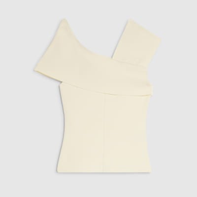 Cream Knitted One Shoulder Bardot Top