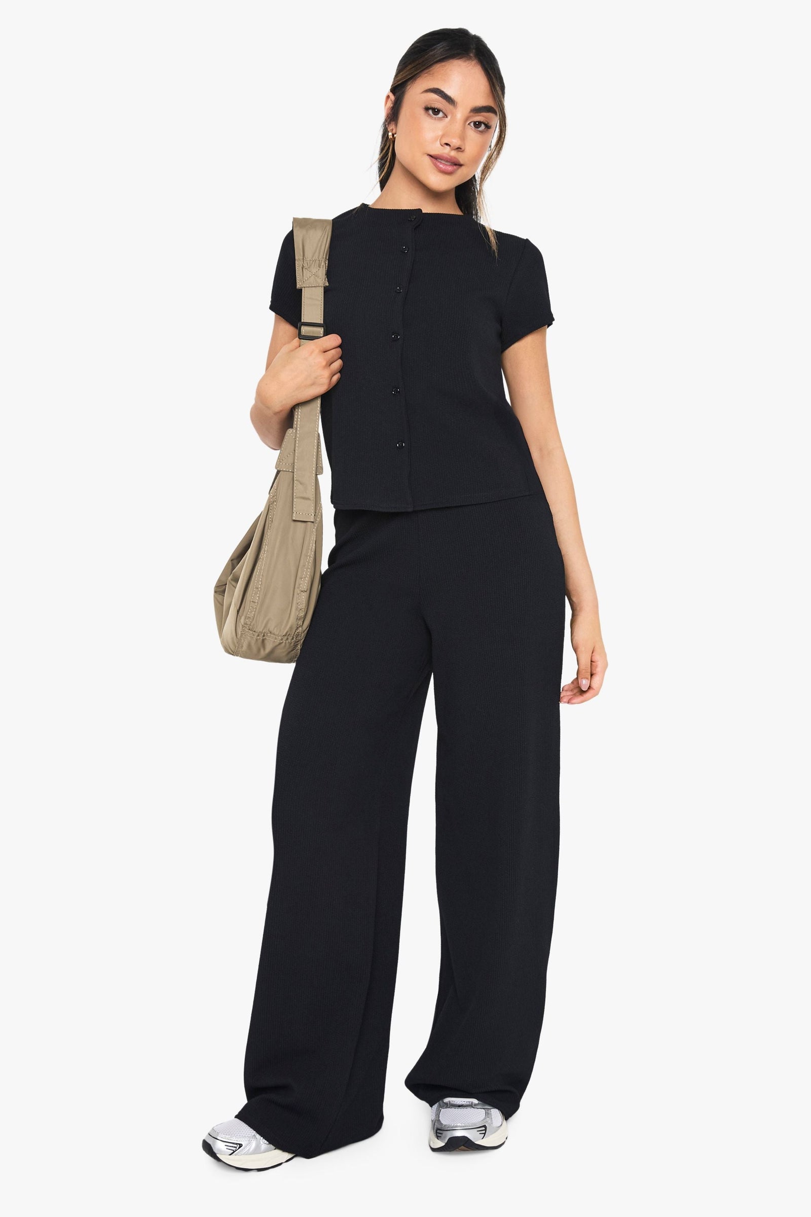Crinkle Rib Button Through Cap Sleeve Top and Trouser Set