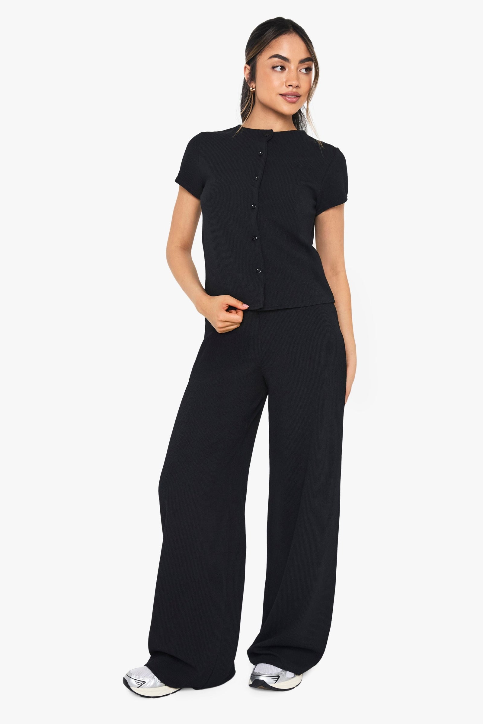 Crinkle Rib Button Through Cap Sleeve Top and Trouser Set