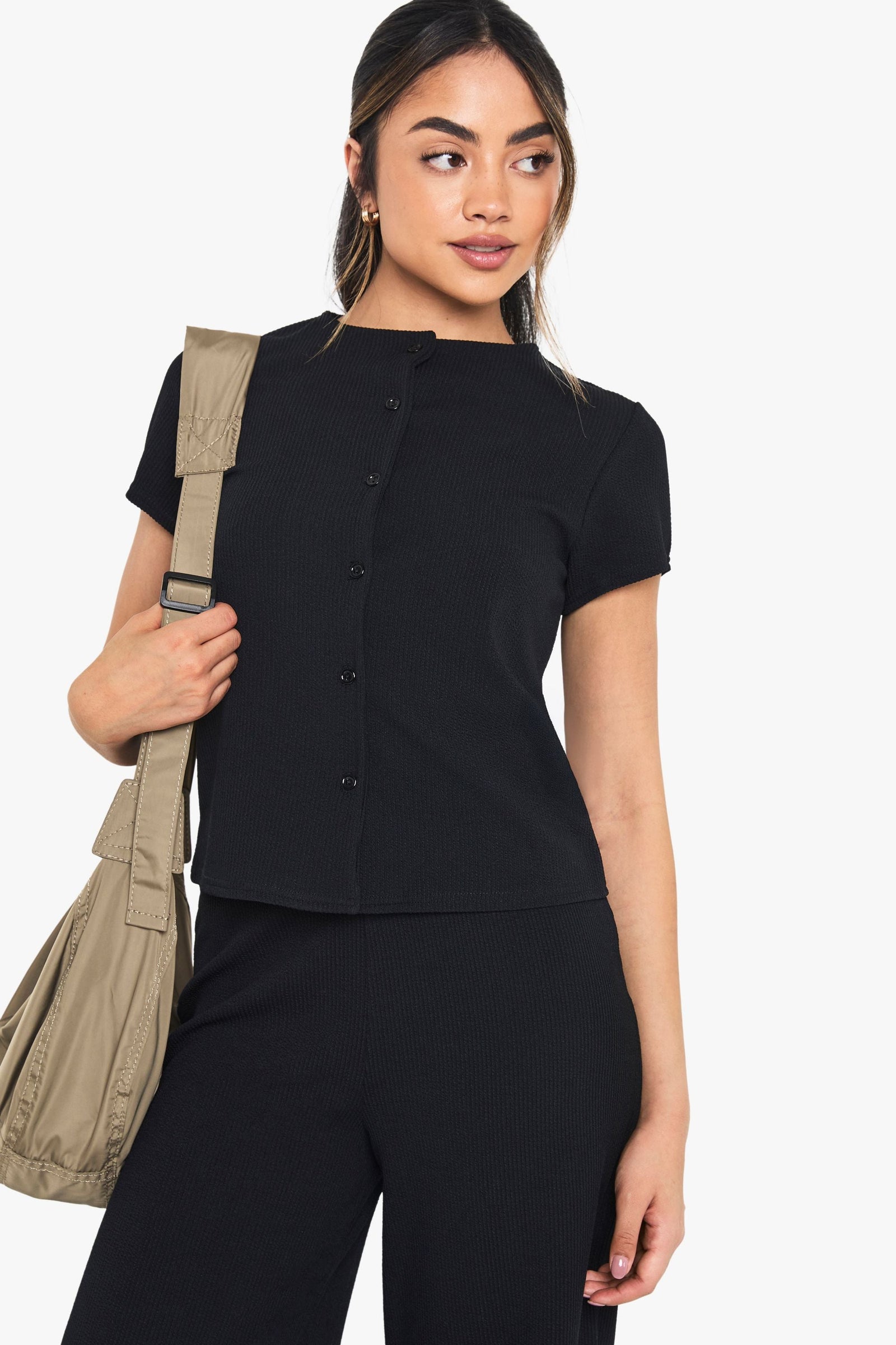 Crinkle Rib Button Through Cap Sleeve Top and Trouser Set