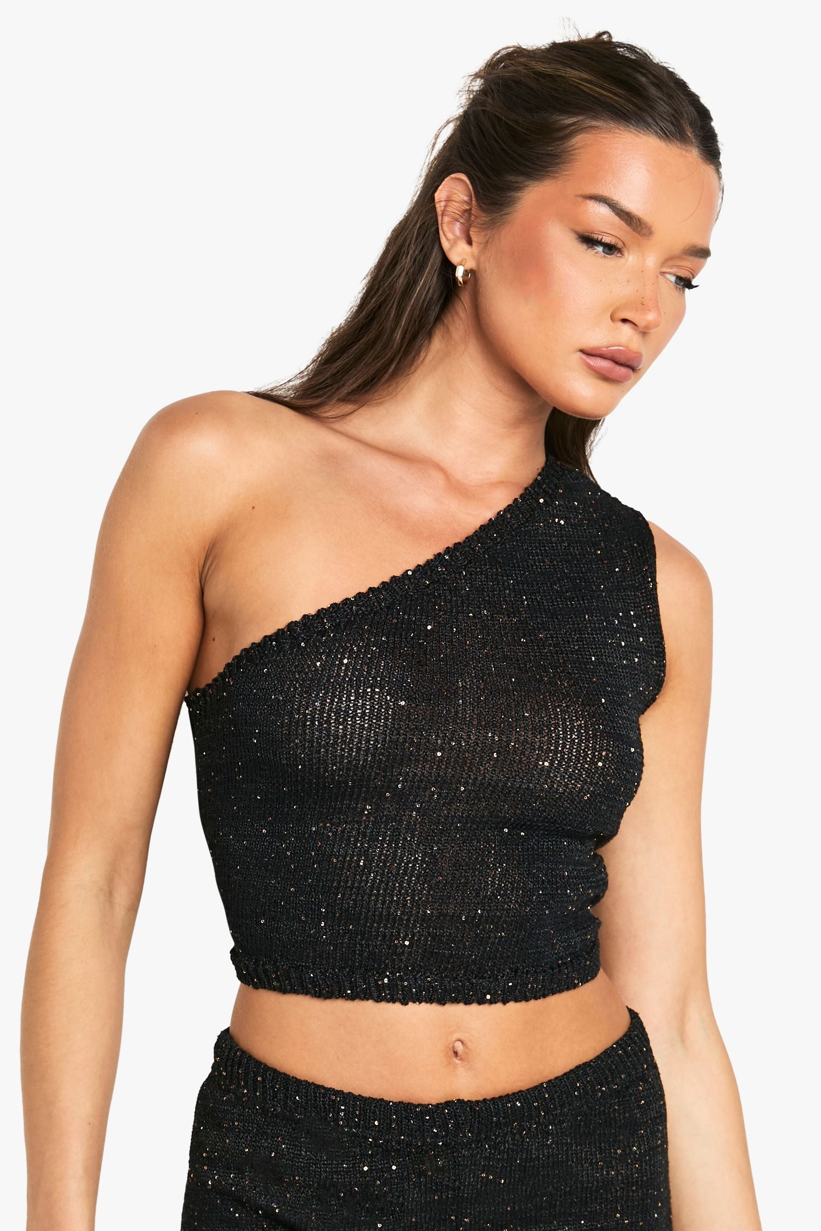 Sequin Knit Sheer Asymmetric One Shoulder Knitted Top