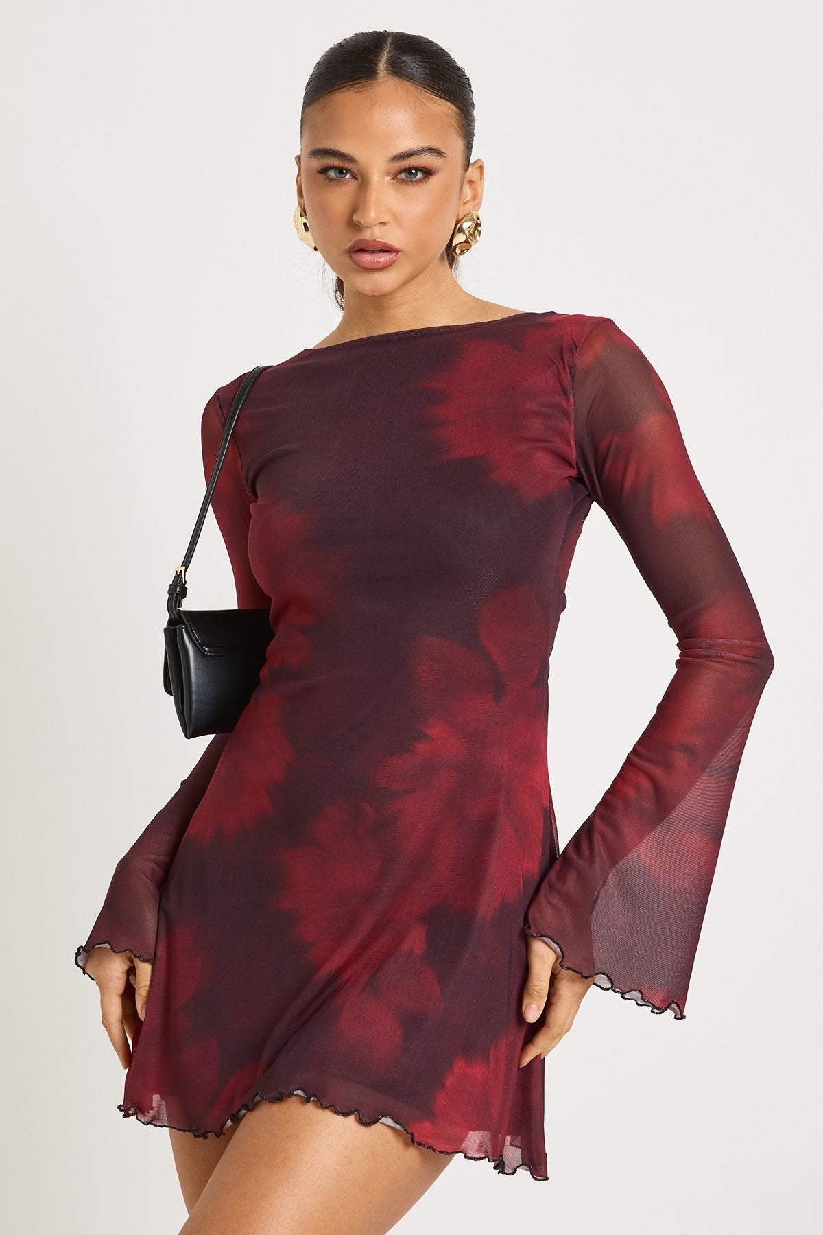 Blurred Floral Printed Mesh Flare Sleeve Mini Dress