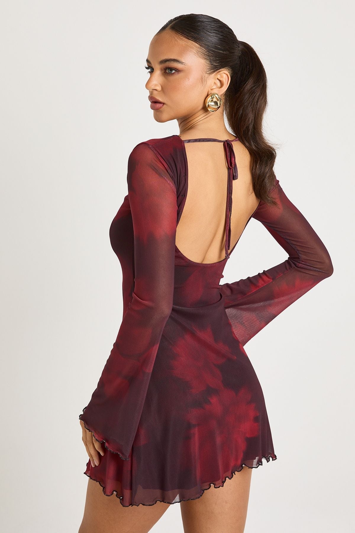 Blurred Floral Printed Mesh Flare Sleeve Mini Dress