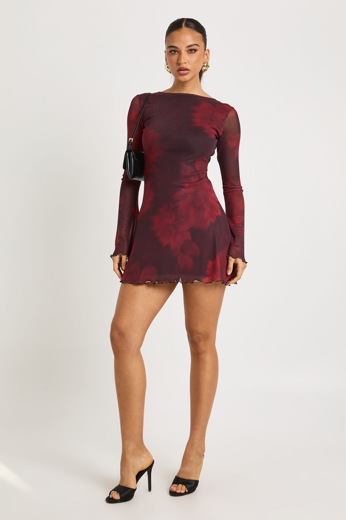 Blurred Floral Printed Mesh Flare Sleeve Mini Dress