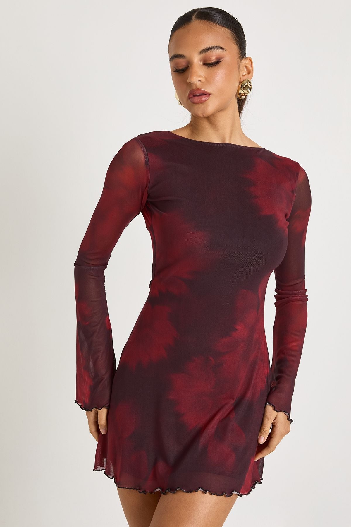Blurred Floral Printed Mesh Flare Sleeve Mini Dress