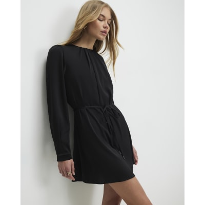 Black Pleated Neck Mini Shift Dress