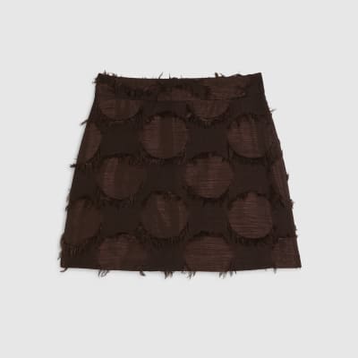 Brown Spot Fringe Mini Skirt