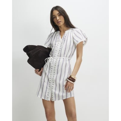 Cream Short Sleeve Striped Mini Dress