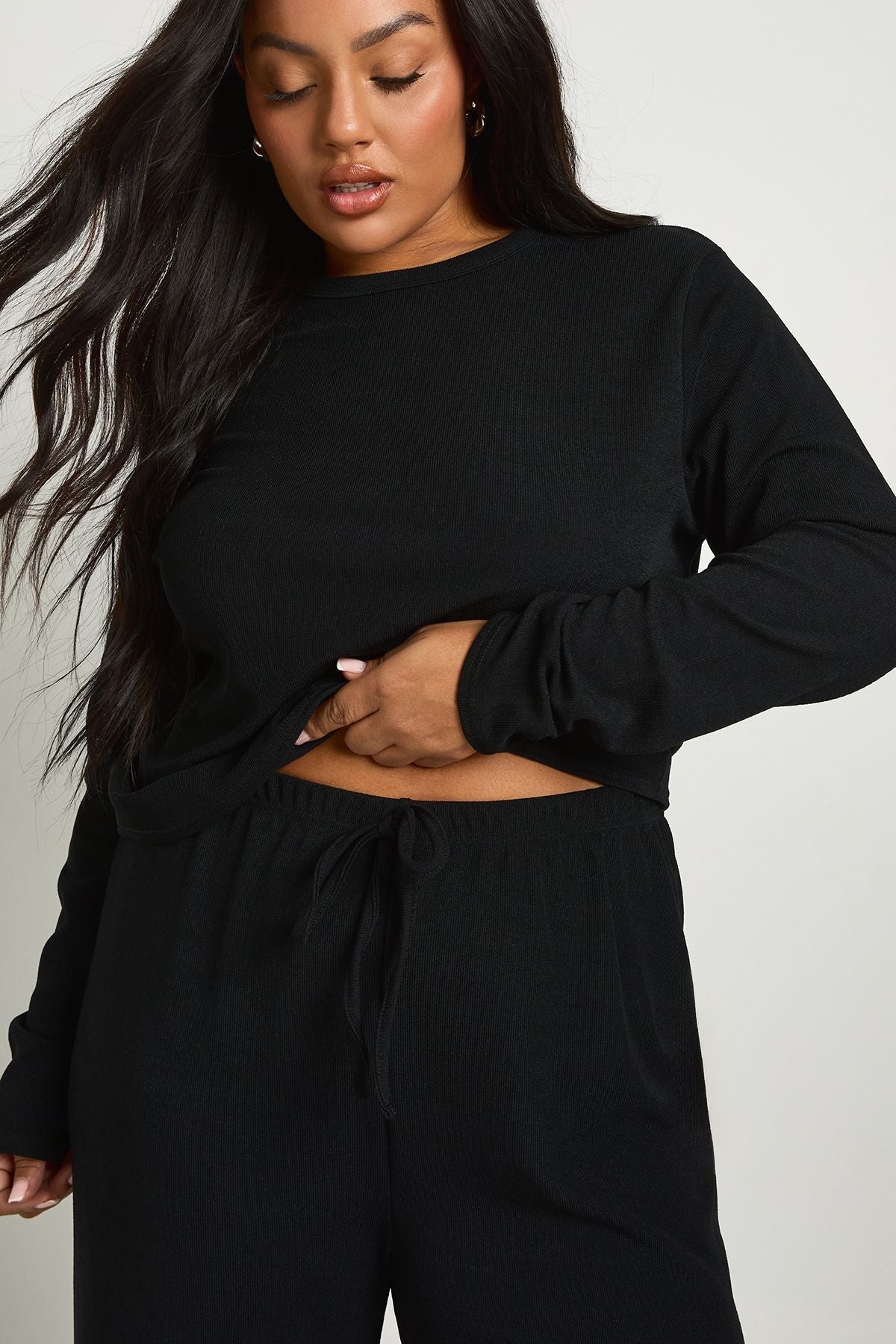 Plus Rib Basic Long Sleeve Top & Elasticated Waist Trouser Co Ord