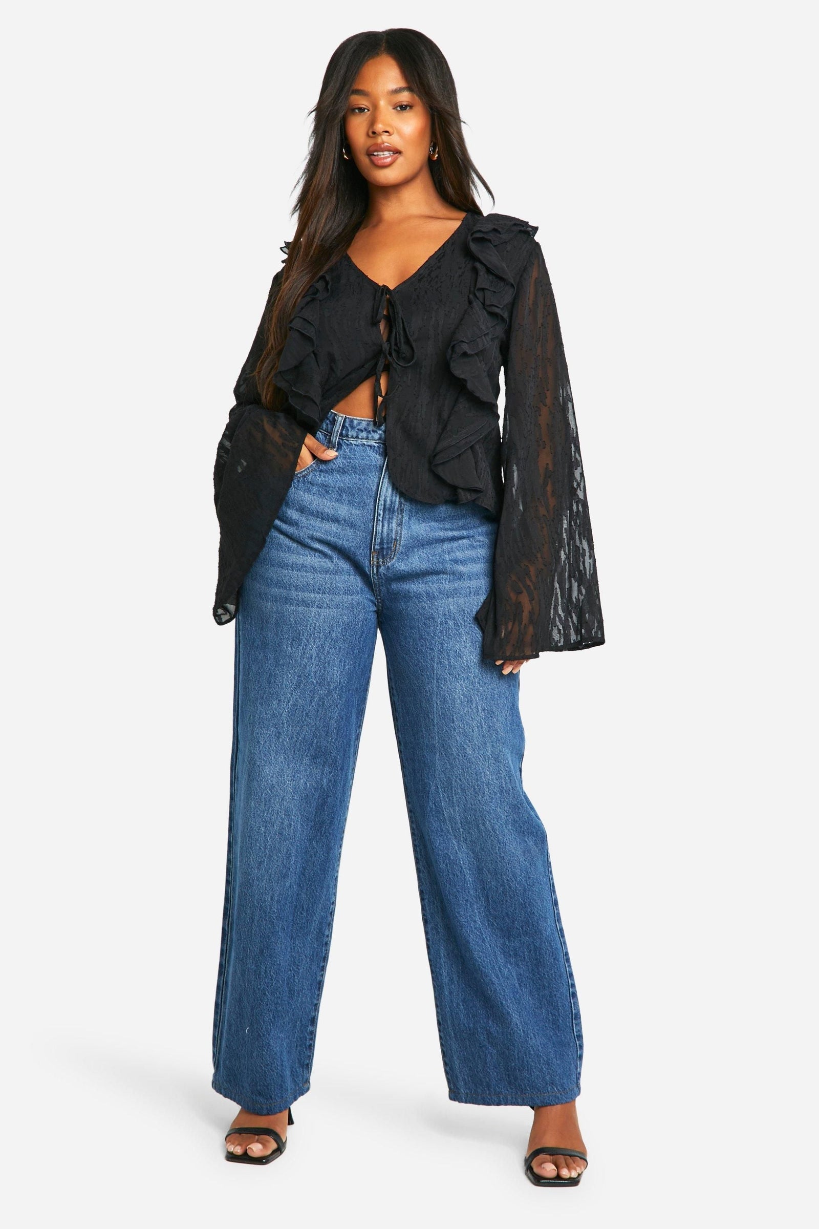 Plus Burnout Animal Tie Front Ruffle Blouse