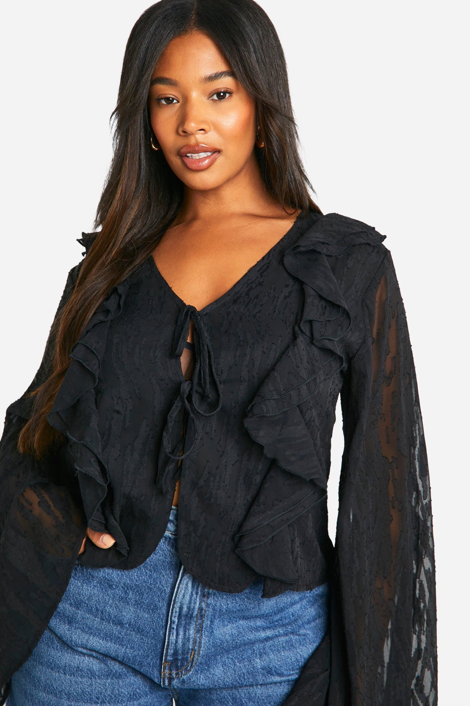 Plus Burnout Animal Tie Front Ruffle Blouse
