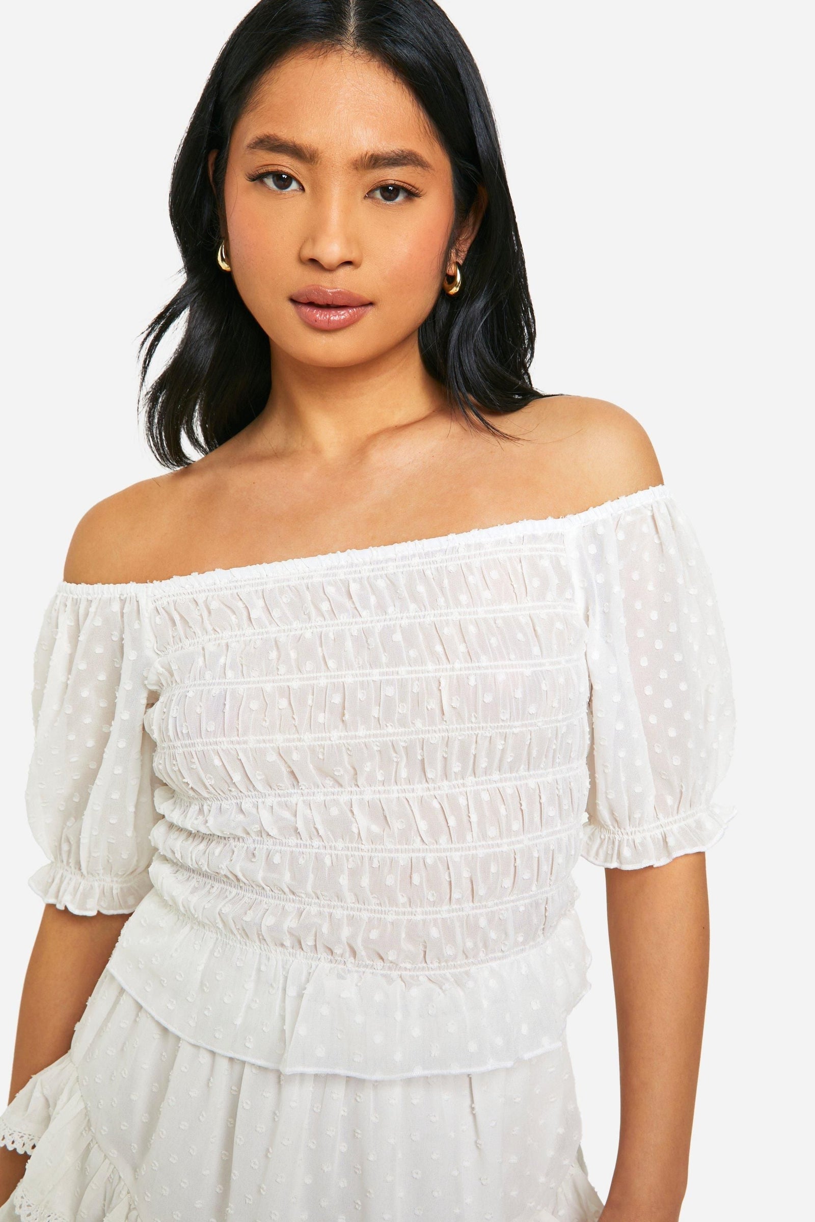Petite Dobby Shirred Puff Sleeve Crop Top