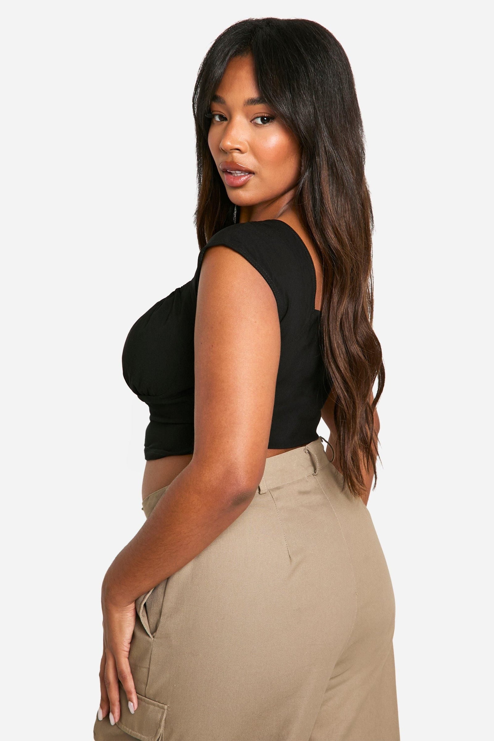 Plus Woven Stretch Ruched Cap Sleeve Corset Top