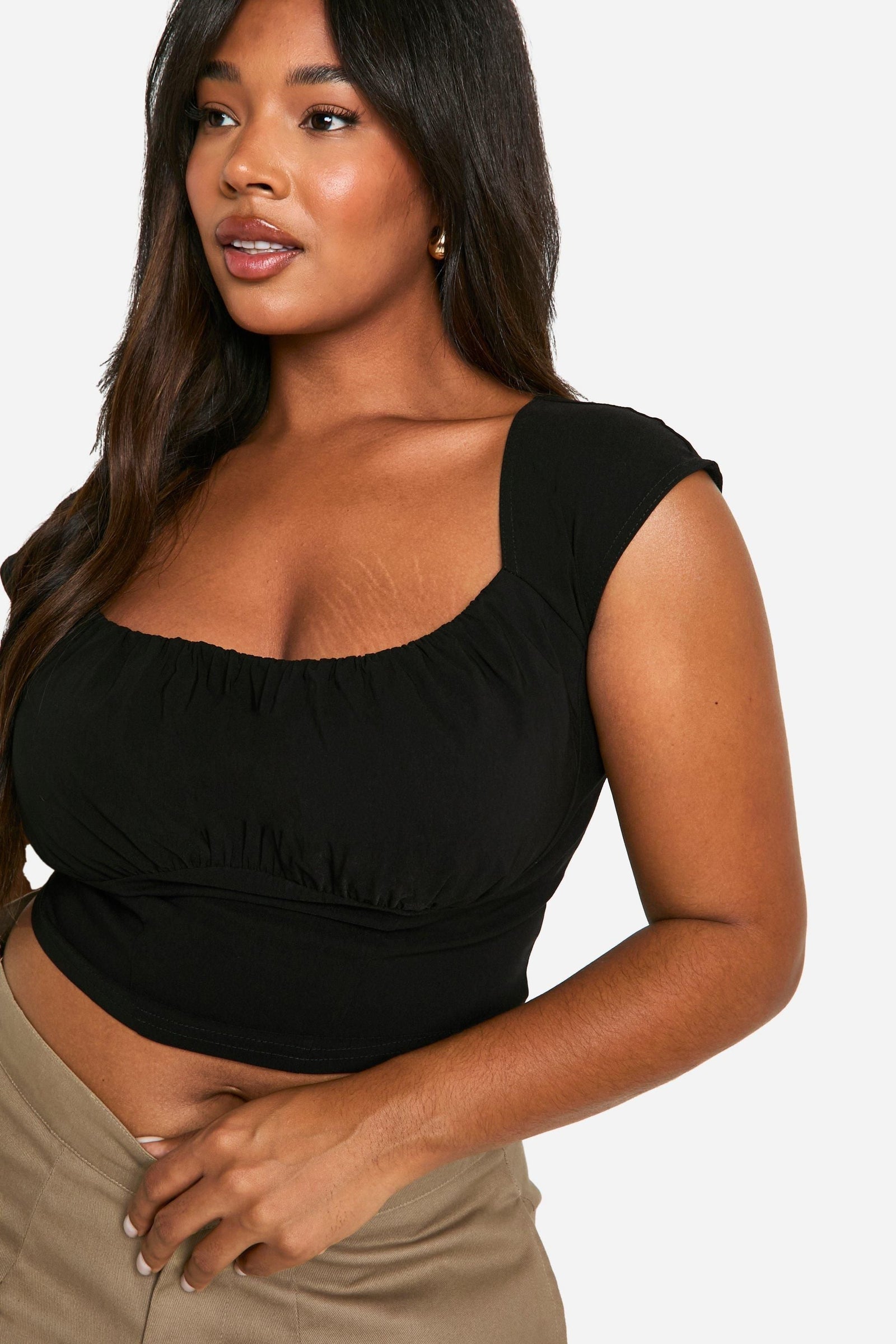 Plus Woven Stretch Ruched Cap Sleeve Corset Top